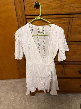 Japna White Eyelet Cotton V-Neck Wrap Mini Dress